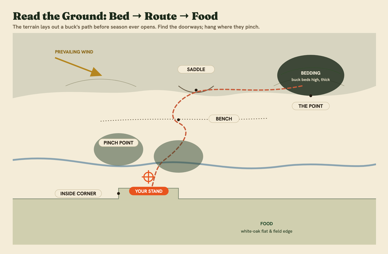 Inside the almanac: a top-down ground-reading map of food, bedding, and the travel route between them